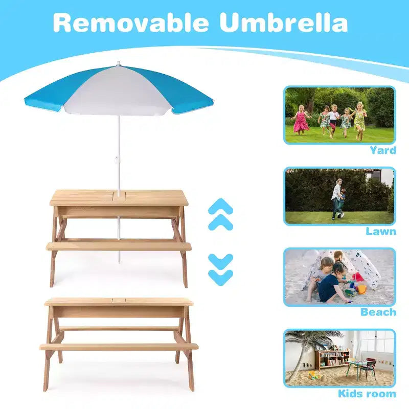 GDFStudio Ashbeck Tavolo da Picnic in Legno per Bambini 3-in-1 da Esterno con Ombrellone