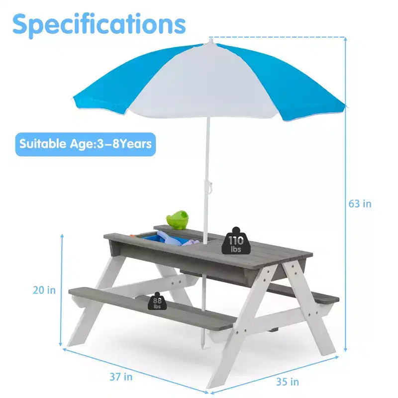 GDFStudio Ashbeck Tavolo da Picnic in Legno per Bambini 3-in-1 da Esterno con Ombrellone