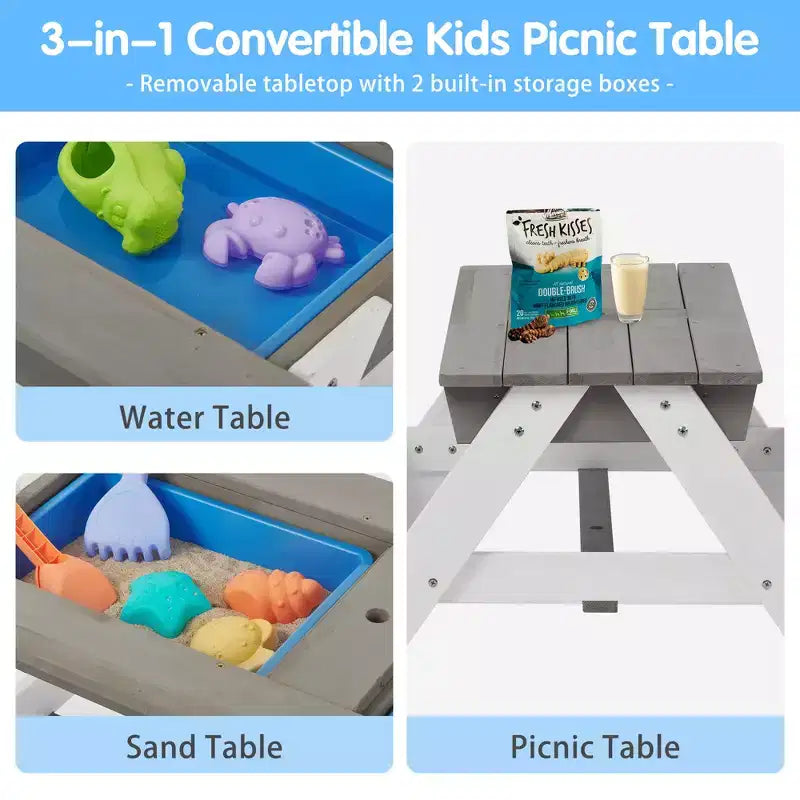GDFStudio Ashbeck Tavolo da Picnic in Legno per Bambini 3-in-1 da Esterno con Ombrellone