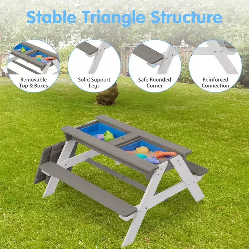 GDFStudio Ashbeck Tavolo da Picnic in Legno per Bambini 3-in-1 da Esterno con Ombrellone