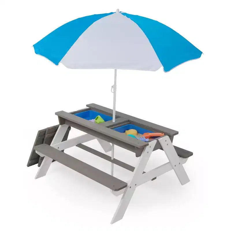 GDFStudio Ashbeck Tavolo da Picnic in Legno per Bambini 3-in-1 da Esterno con Ombrellone