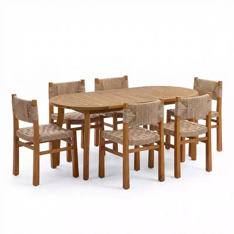 Set da pranzo da esterno Christopher Knight Home Elian Farmhouse in legno di acacia e vimini intrecciato, 7 pezzi