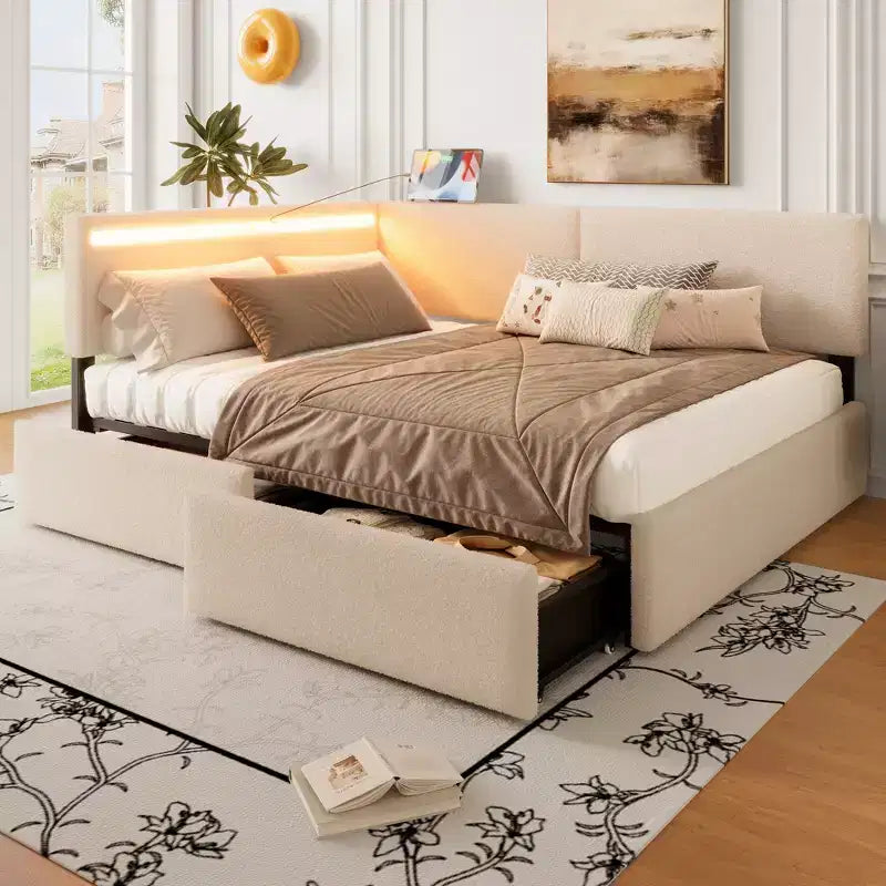 GDFStudio Camden Divano Letto Angolare Imbottito con Testiera con Ricarica USB e Schienale Trapuntato