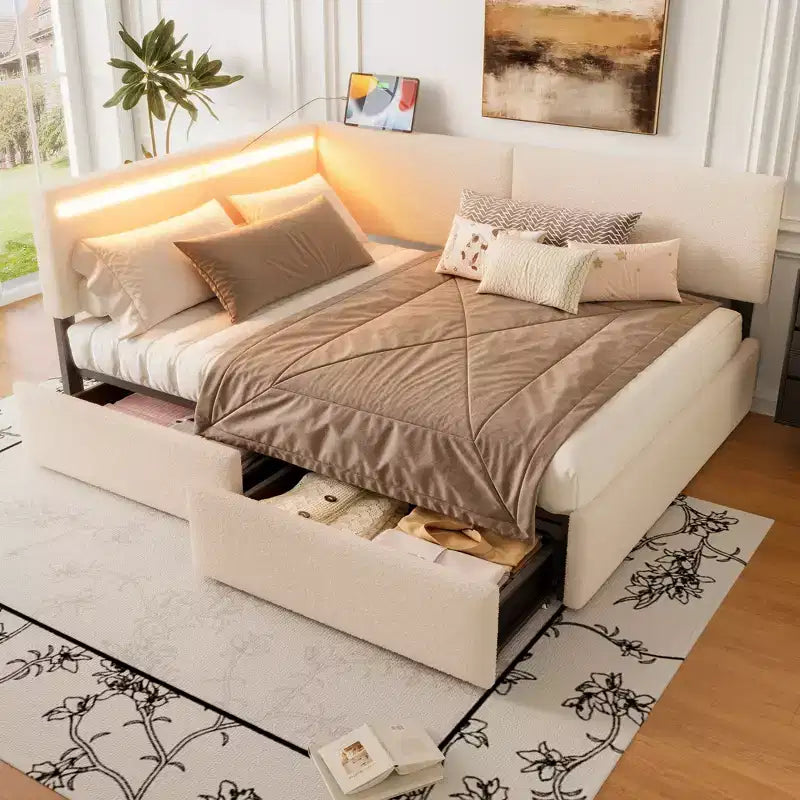 GDFStudio Camden Divano Letto Angolare Imbottito con Testiera con Ricarica USB e Schienale Trapuntato