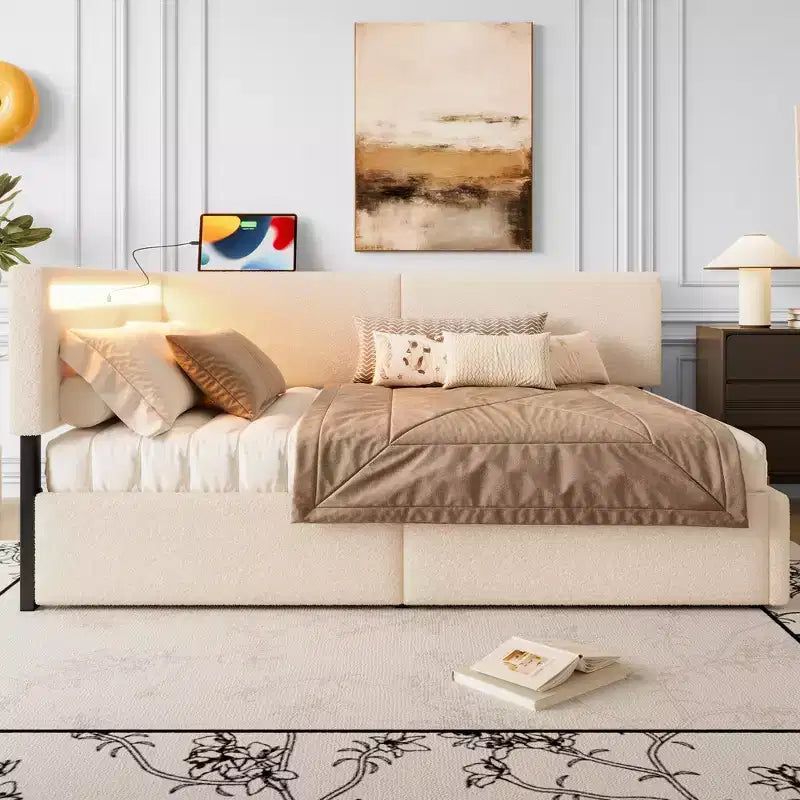 GDFStudio Camden Divano Letto Angolare Imbottito con Testiera con Ricarica USB e Schienale Trapuntato