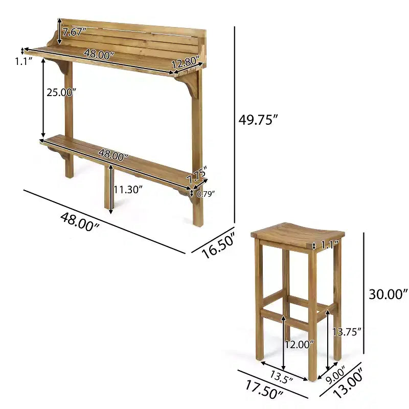 GDFStudio Pranav Set da bar moderno da balcone a 3 pezzi in legno di acacia con tavolo a doghe con ripiano inferiore e 2 sgabelli