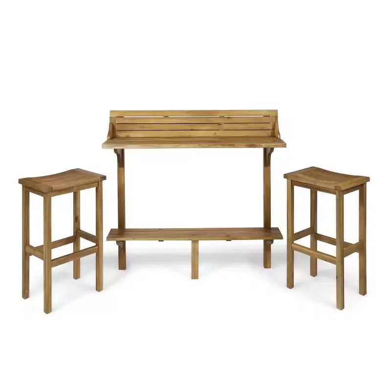 GDFStudio Pranav Set da bar moderno da balcone a 3 pezzi in legno di acacia con tavolo a doghe con ripiano inferiore e 2 sgabelli