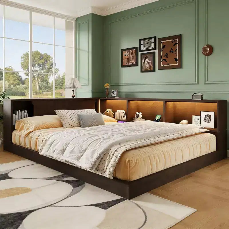 Luxystar Divano Letto Moderno Queen con 5 Ripiani Contenitori, Prese di Corrente e Luce