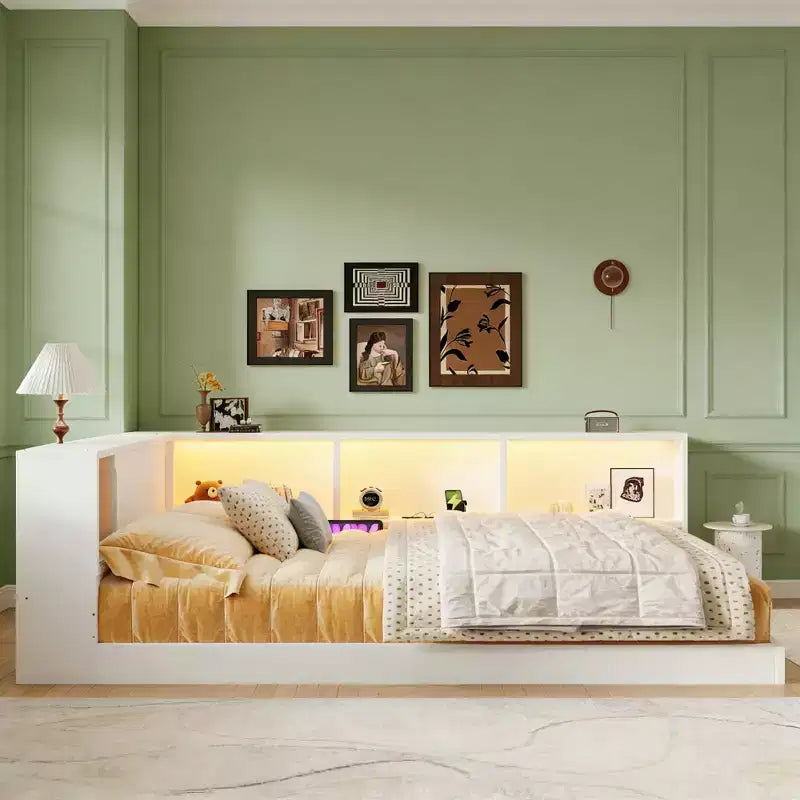 Luxystar Divano Letto Moderno Queen con 5 Ripiani Contenitori, Prese di Corrente e Luce