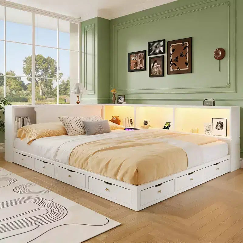 Luxystar Divano Letto Moderno Queen con 5 Ripiani Contenitori, Prese di Corrente e Luce
