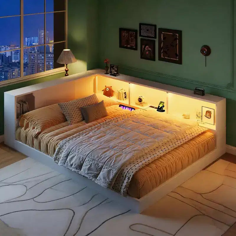 Luxystar Divano Letto Moderno Queen con 5 Ripiani Contenitori, Prese di Corrente e Luce