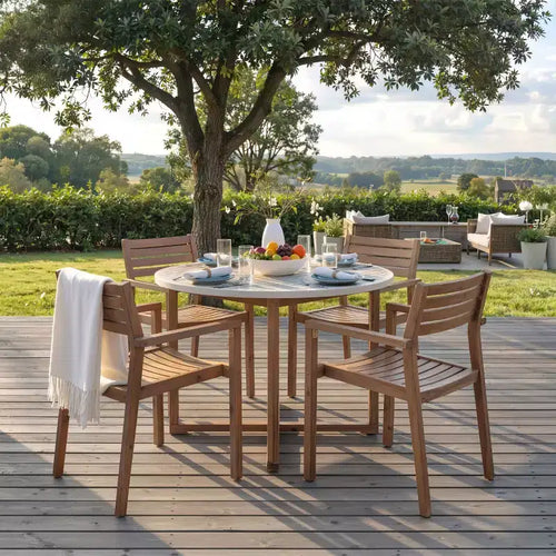 5-Piece Outdoor Acacia Wood Patio Dining Set for 4, Slatted Top Round Table and 4 Chairs, Backyard Furniture for Deck, Poolside-Panipeachy
