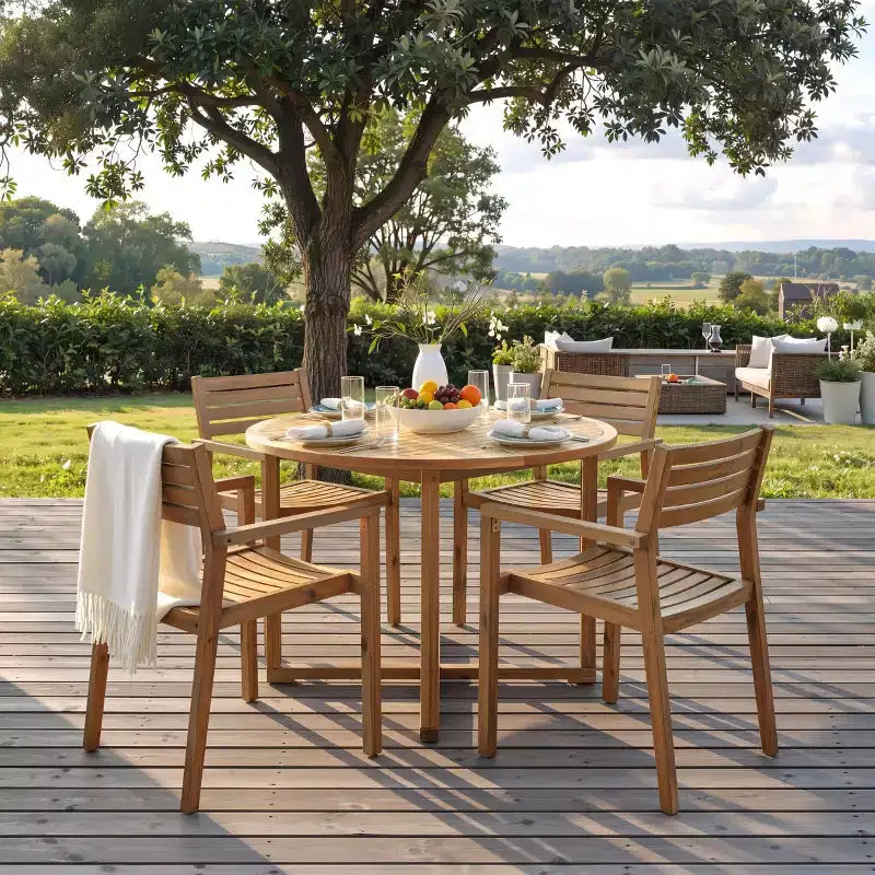 Set da pranzo da esterni in legno di acacia a 5 pezzi per 4 persone, tavolo rotondo con piano a doghe e 4 sedie, mobili da giardino per patio, bordo piscina-Panipeachy