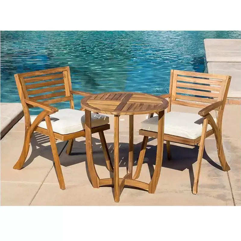 Set da pranzo per esterni a 3 pezzi, tavolo e sedie in legno Hermosa KD con cuscini, finitura Teak