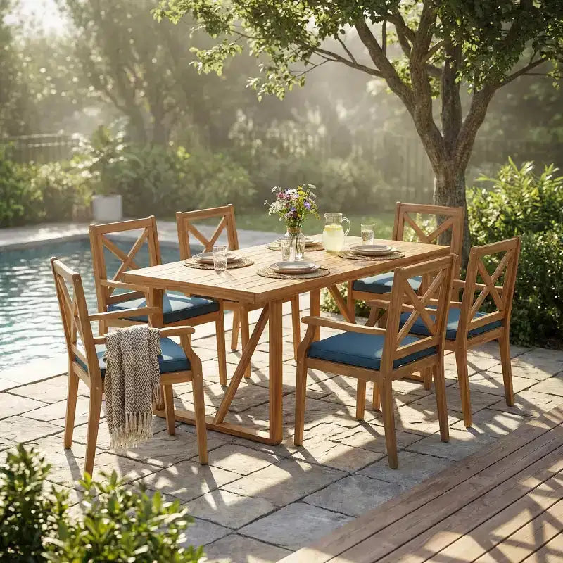 Set da pranzo da esterno a 7 pezzi in legno di acacia con 6 sedie imbottite, set da tavolo da pranzo rettangolare per patio, cortile, giardino, terrazza-Panipeachy