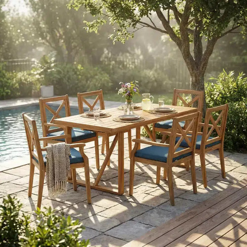 Set da pranzo da esterno a 7 pezzi in legno di acacia con 6 sedie imbottite, set da tavolo da pranzo rettangolare per patio, cortile, giardino, terrazza-Panipeachy