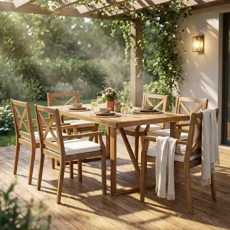 Set da pranzo da esterno a 7 pezzi in legno di acacia con 6 sedie imbottite, set da tavolo da pranzo rettangolare per patio, cortile, giardino, terrazza-Panipeachy
