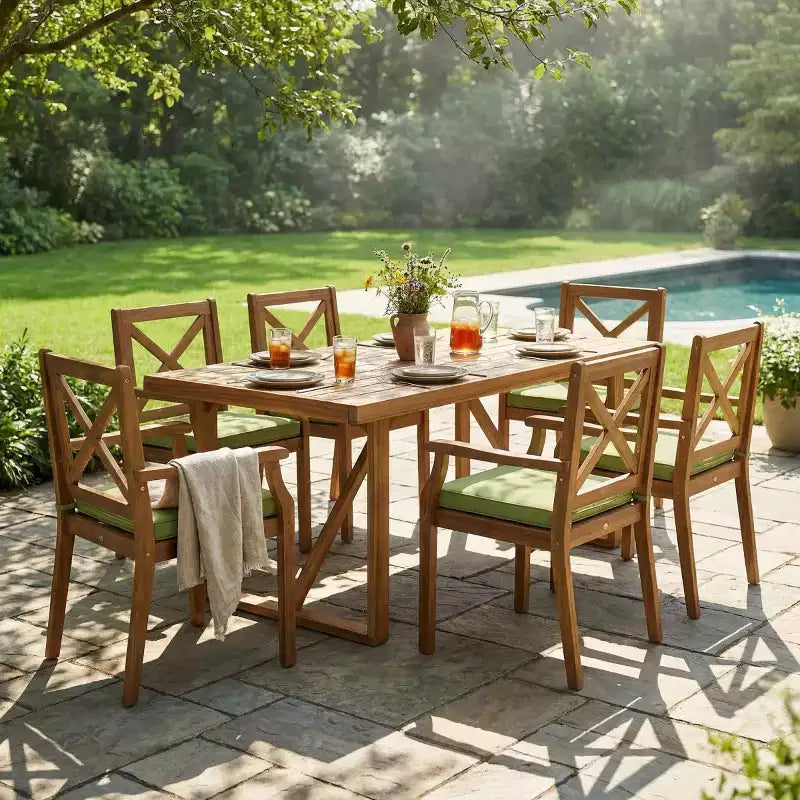 Set da pranzo da esterno a 7 pezzi in legno di acacia con 6 sedie imbottite, set da tavolo da pranzo rettangolare per patio, cortile, giardino, terrazza-Panipeachy