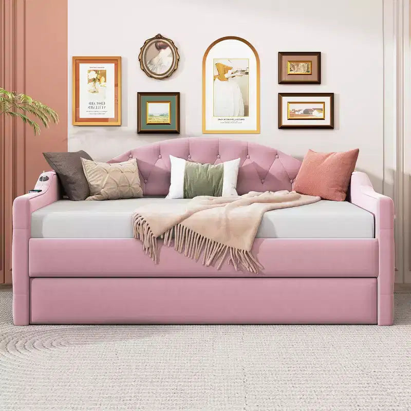 Divano Letto Zeus & Ruta con rotelle, imbottito, in velluto, con porte USB per la ricarica