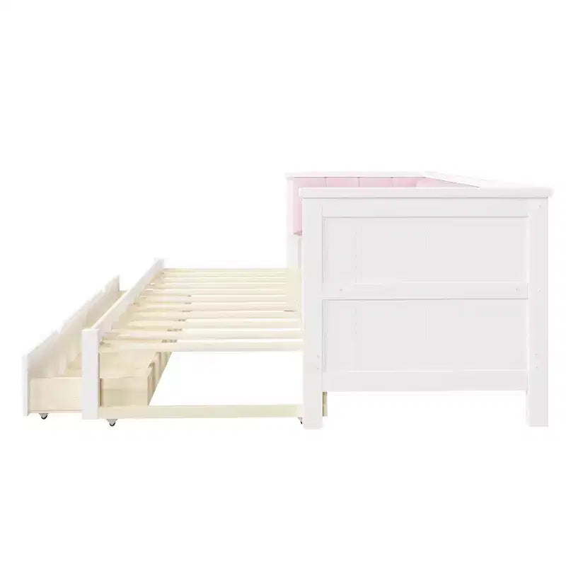 ModernLuxe Divano Letto Estensibile da Una Piazza e Mezza a Matrimoniale con 2 Cassetti, Letto a Piattaforma con Schienale Imbottito e Materasso Estraibile, Bianco+Rosa