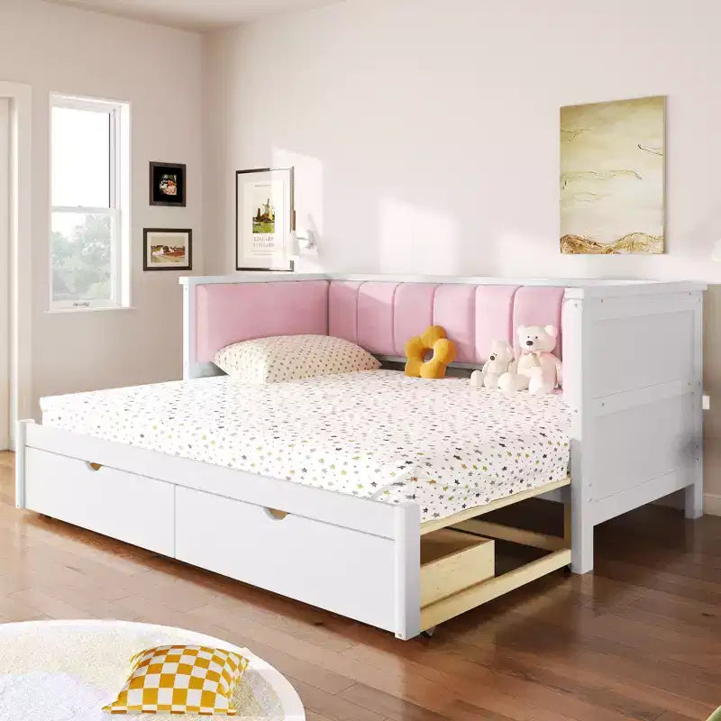 ModernLuxe Divano Letto Estensibile da Una Piazza e Mezza a Matrimoniale con 2 Cassetti, Letto a Piattaforma con Schienale Imbottito e Materasso Estraibile, Bianco+Rosa
