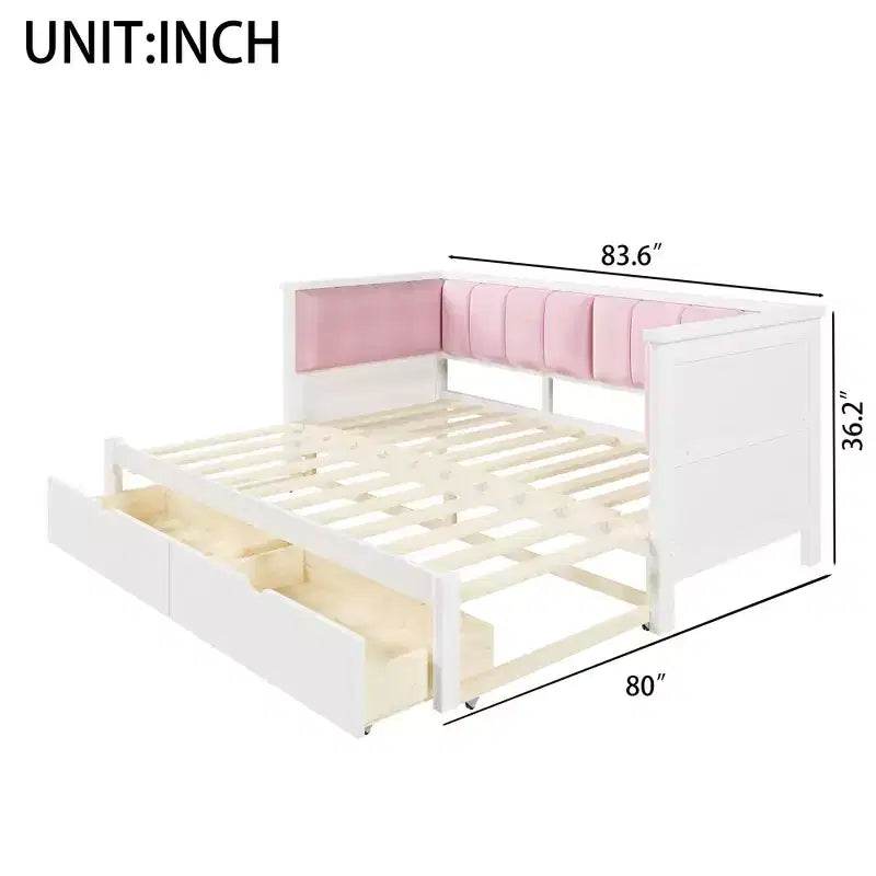 ModernLuxe Divano Letto Estensibile da Una Piazza e Mezza a Matrimoniale con 2 Cassetti, Letto a Piattaforma con Schienale Imbottito e Materasso Estraibile, Bianco+Rosa