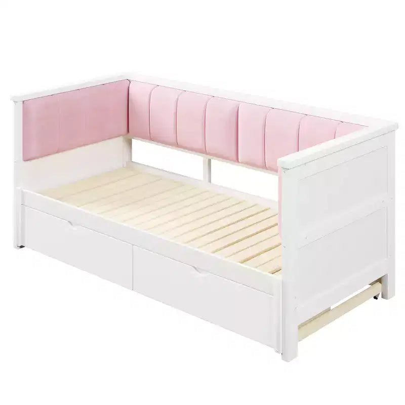 ModernLuxe Divano Letto Estensibile da Una Piazza e Mezza a Matrimoniale con 2 Cassetti, Letto a Piattaforma con Schienale Imbottito e Materasso Estraibile, Bianco+Rosa