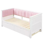 ModernLuxe Divano Letto Estensibile da Una Piazza e Mezza a Matrimoniale con 2 Cassetti, Letto a Piattaforma con Schienale Imbottito e Materasso Estraibile, Bianco+Rosa
