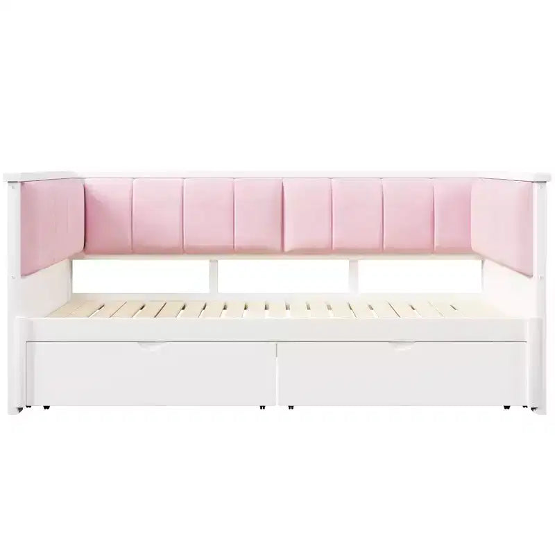 ModernLuxe Divano Letto Estensibile da Una Piazza e Mezza a Matrimoniale con 2 Cassetti, Letto a Piattaforma con Schienale Imbottito e Materasso Estraibile, Bianco+Rosa