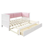 ModernLuxe Divano Letto Estensibile da Una Piazza e Mezza a Matrimoniale con 2 Cassetti, Letto a Piattaforma con Schienale Imbottito e Materasso Estraibile, Bianco+Rosa