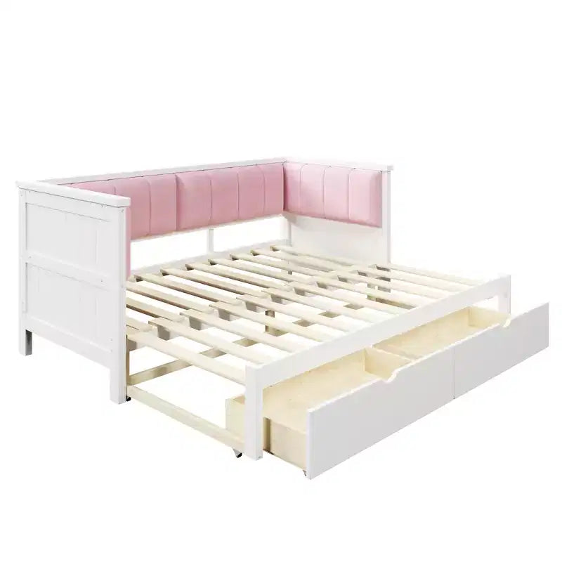 ModernLuxe Divano Letto Estensibile da Una Piazza e Mezza a Matrimoniale con 2 Cassetti, Letto a Piattaforma con Schienale Imbottito e Materasso Estraibile, Bianco+Rosa