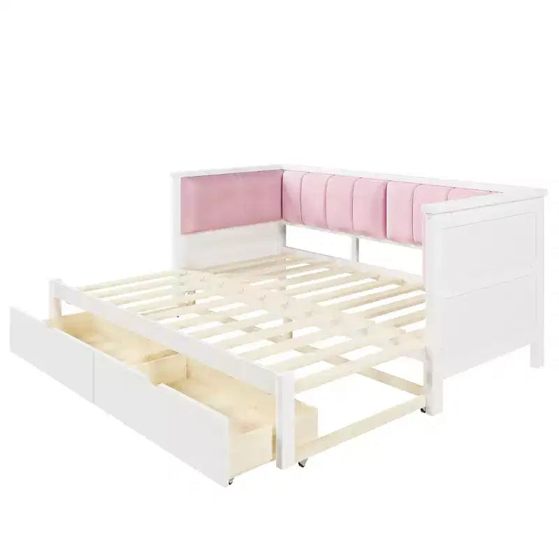 ModernLuxe Divano Letto Estensibile da Una Piazza e Mezza a Matrimoniale con 2 Cassetti, Letto a Piattaforma con Schienale Imbottito e Materasso Estraibile, Bianco+Rosa