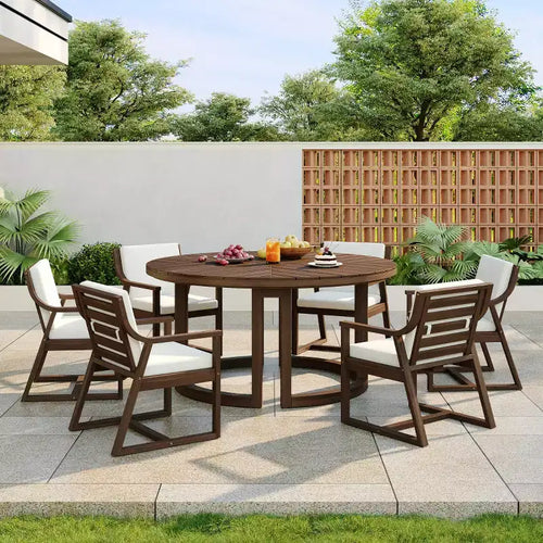 Set da pranzo da esterni in legno di 7 pezzi per 6 persone, tavolo rotondo con foro per ombrellone e sedie imbottite per giardino o cortile-Panipeachy