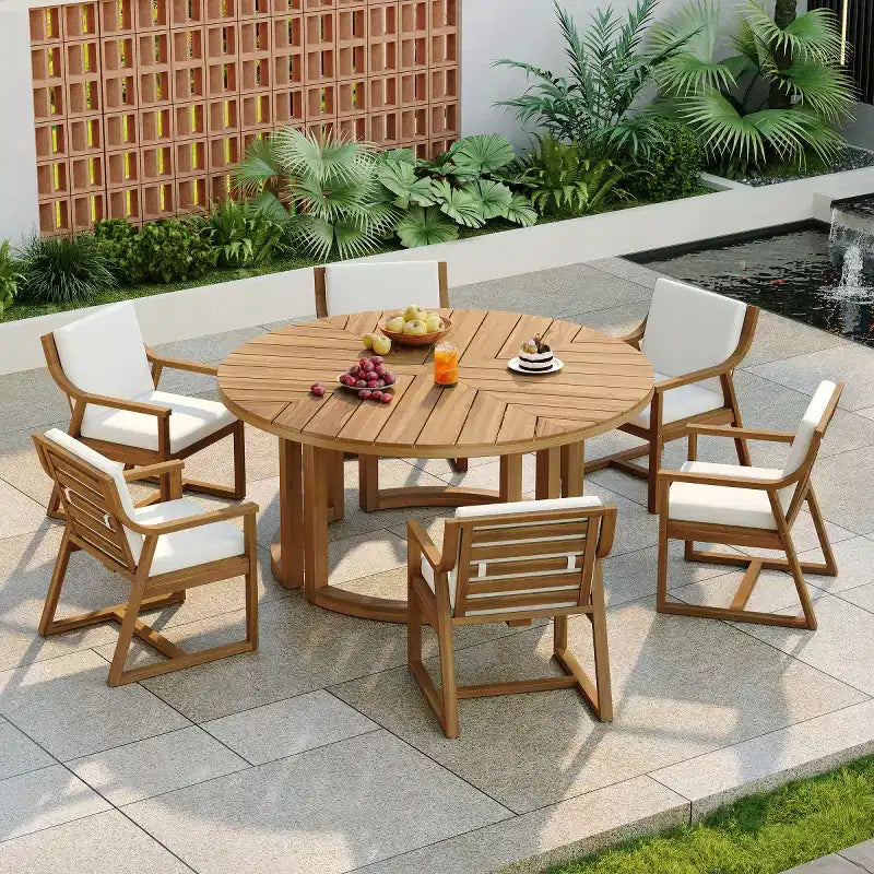 Set da pranzo da esterni in legno di 7 pezzi per 6 persone, tavolo rotondo con foro per ombrellone e sedie imbottite per giardino o cortile-Panipeachy