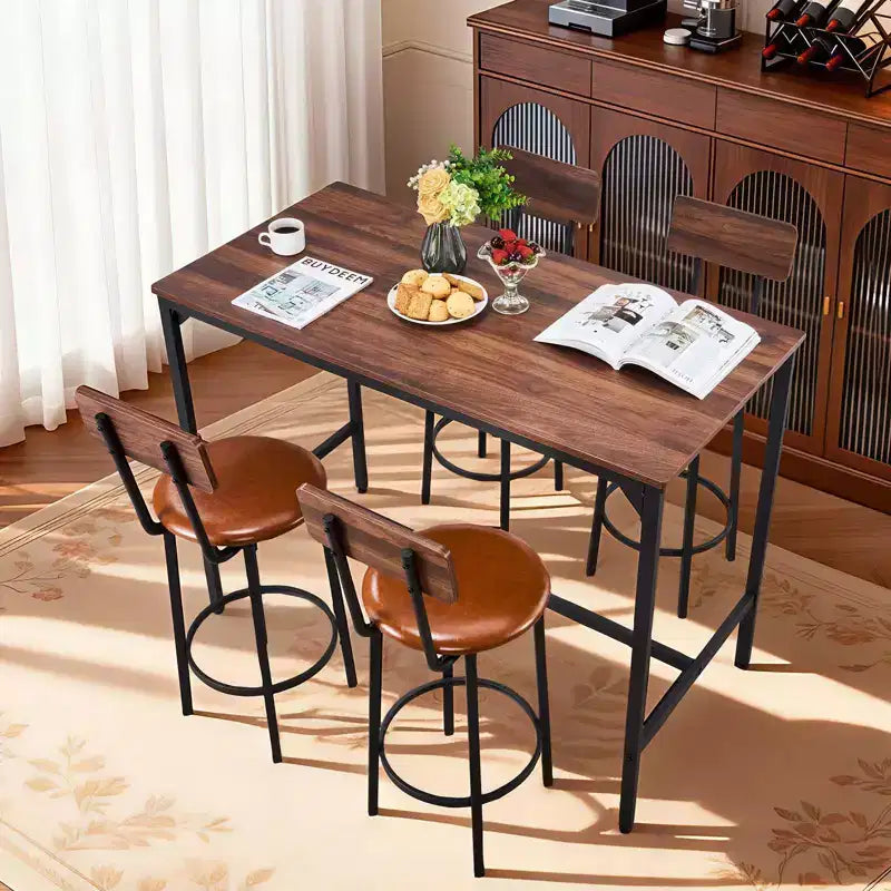 VEVOR Tavolo da Bar, Set da 5 Pezzi 47 Tavoli da Bar, Set Tavoli e Sedie da Bar con Bordo Arrotondato, Tavolo da Pub Rettangolare con Quattro Sgabelli, Colore Noce