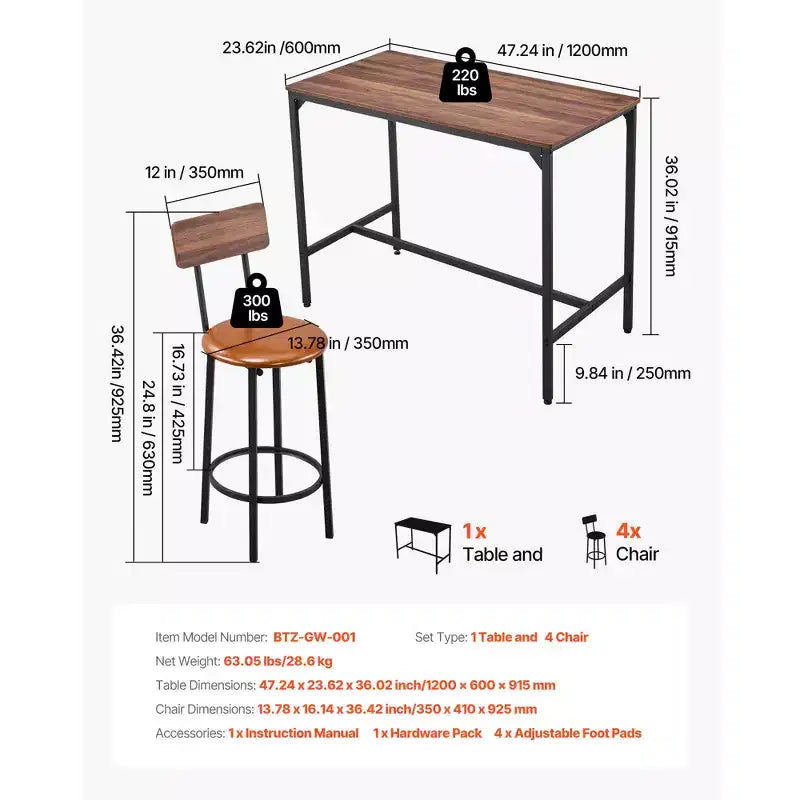 VEVOR Tavolo da Bar, Set da 5 Pezzi 47 Tavoli da Bar, Set Tavoli e Sedie da Bar con Bordo Arrotondato, Tavolo da Pub Rettangolare con Quattro Sgabelli, Colore Noce