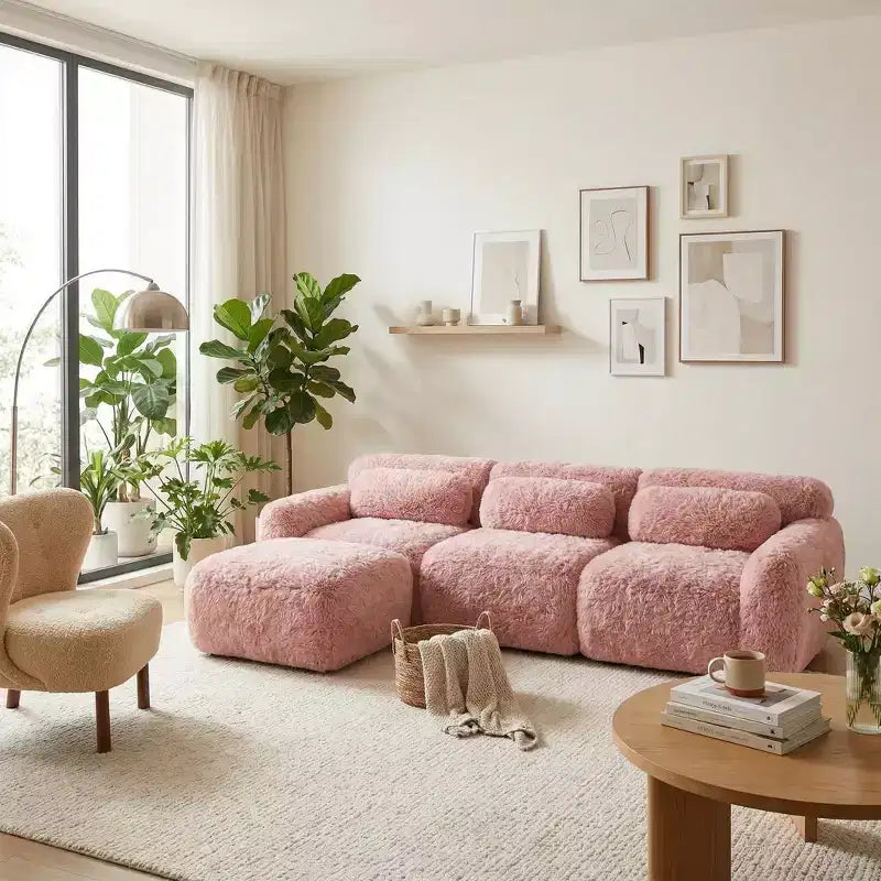 Divano componibile modulare FurnitureR con pouf, rivestimento in morbida ciniglia, seduta profonda e confortevole, divano convertibile a L per soggiorno e appartamento