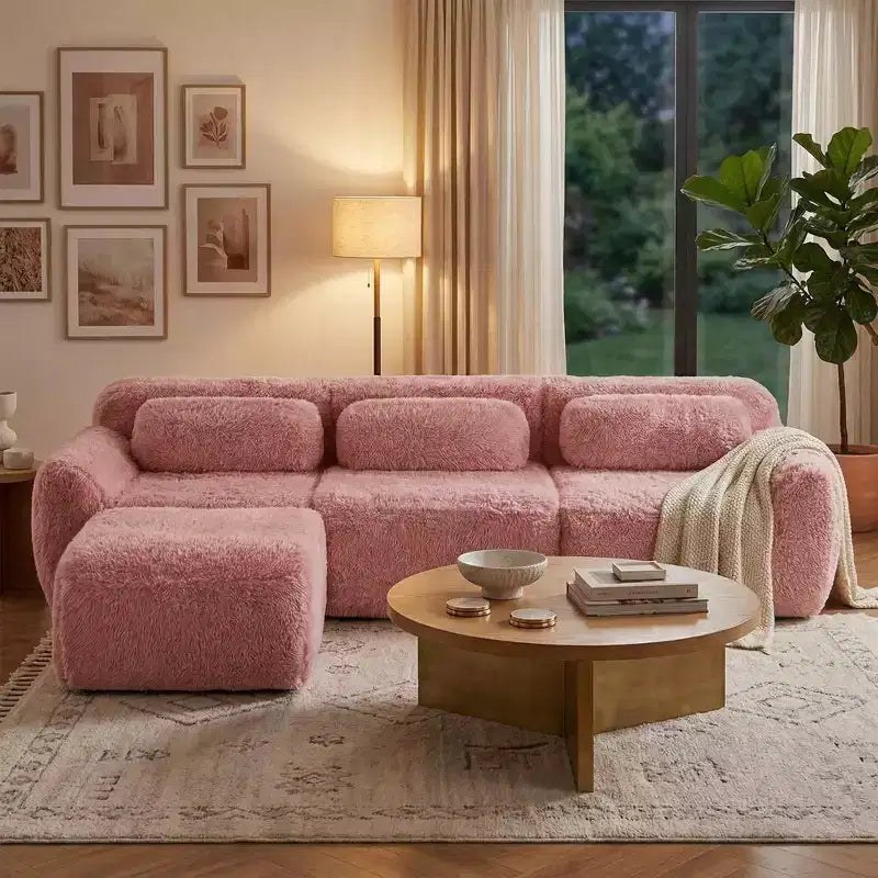 Divano componibile modulare FurnitureR con pouf, rivestimento in morbida ciniglia, seduta profonda e confortevole, divano convertibile a L per soggiorno e appartamento