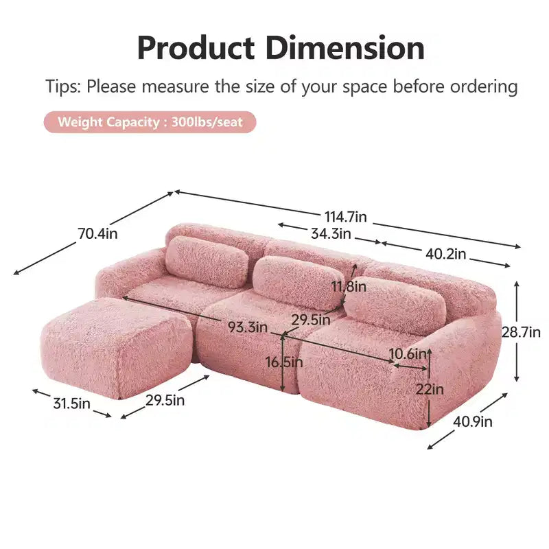 Divano componibile modulare FurnitureR con pouf, rivestimento in morbida ciniglia, seduta profonda e confortevole, divano convertibile a L per soggiorno e appartamento