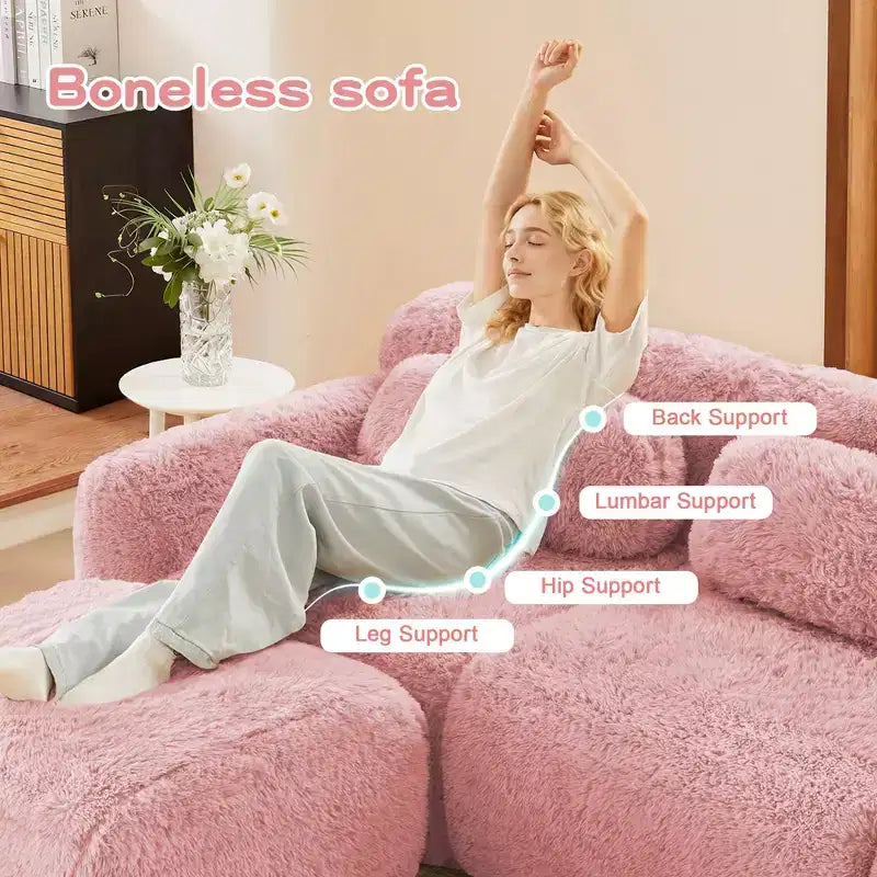 Divano componibile modulare FurnitureR con pouf, rivestimento in morbida ciniglia, seduta profonda e confortevole, divano convertibile a L per soggiorno e appartamento