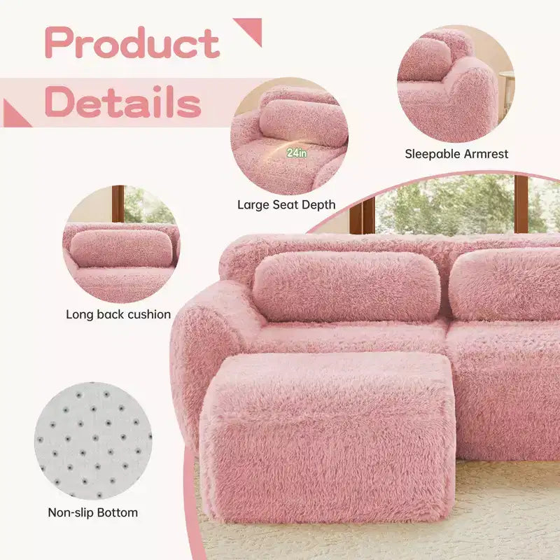 Divano componibile modulare FurnitureR con pouf, rivestimento in morbida ciniglia, seduta profonda e confortevole, divano convertibile a L per soggiorno e appartamento