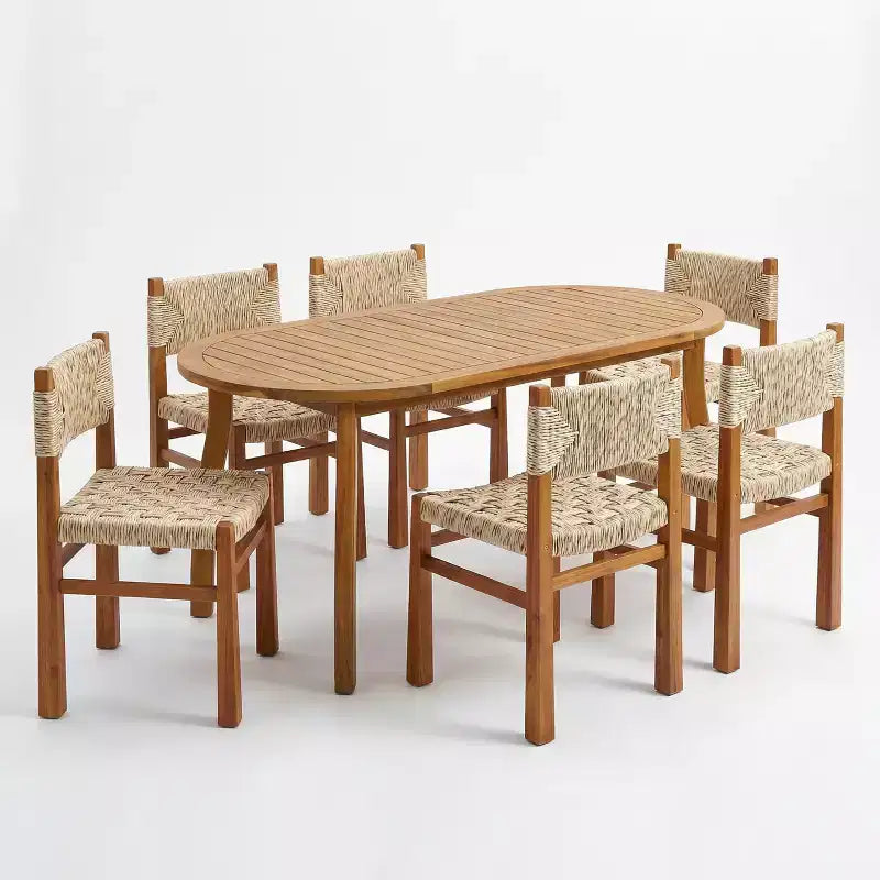 Christopher Knight Home Roya Set da Pranzo da Esterno Moderno da 7 Pezzi in Acacia con Rattan e Design a Doghe