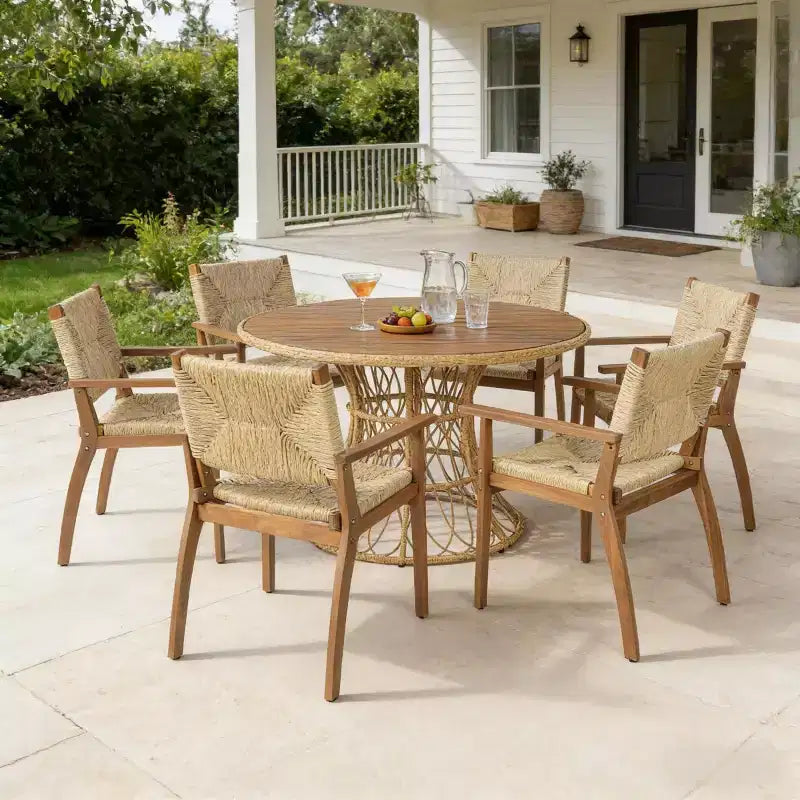 Tavolo da pranzo rotondo da esterno con piano in legno di acacia e base in vimini, tavolo da patio per 4-6 persone, mobili da giardino resistenti alle intemperie - Panipeachy