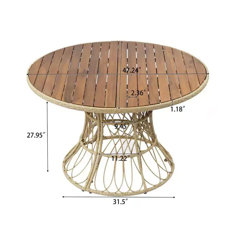 Tavolo da pranzo rotondo da esterno con piano in legno di acacia e base in vimini, tavolo da patio per 4-6 persone, mobili da giardino resistenti alle intemperie - Panipeachy