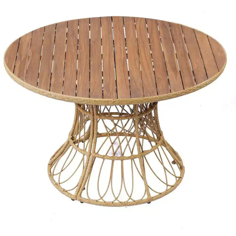 Tavolo da pranzo rotondo da esterno con piano in legno di acacia e base in vimini, tavolo da patio per 4-6 persone, mobili da giardino resistenti alle intemperie - Panipeachy
