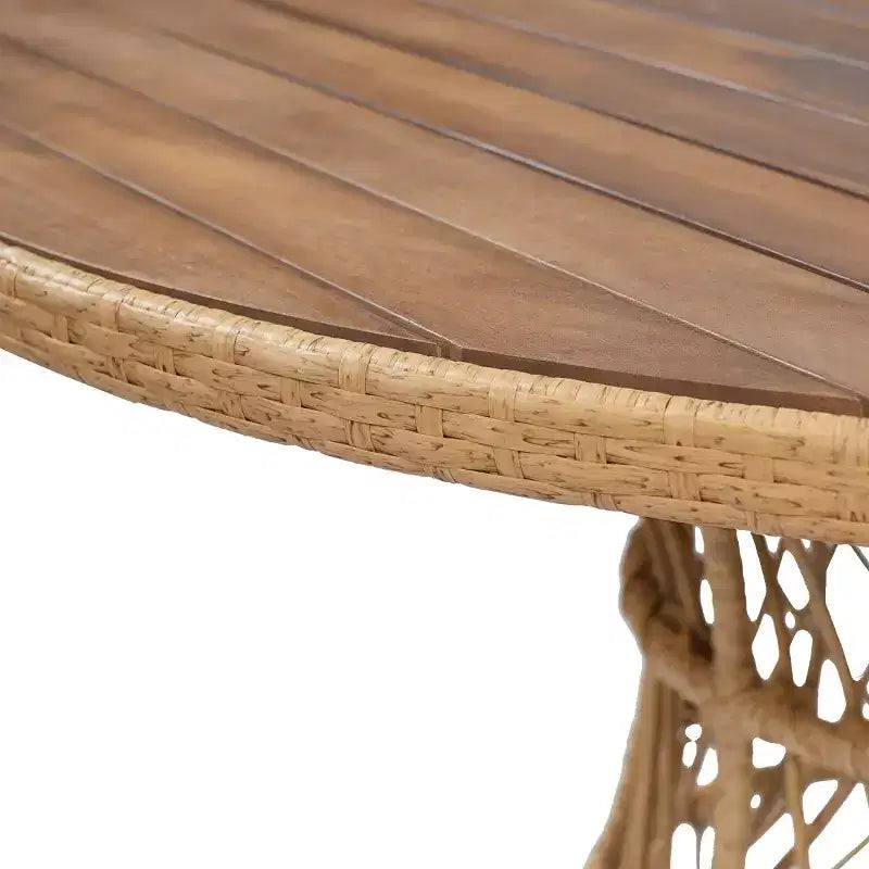 Tavolo da pranzo rotondo da esterno con piano in legno di acacia e base in vimini, tavolo da patio per 4-6 persone, mobili da giardino resistenti alle intemperie - Panipeachy