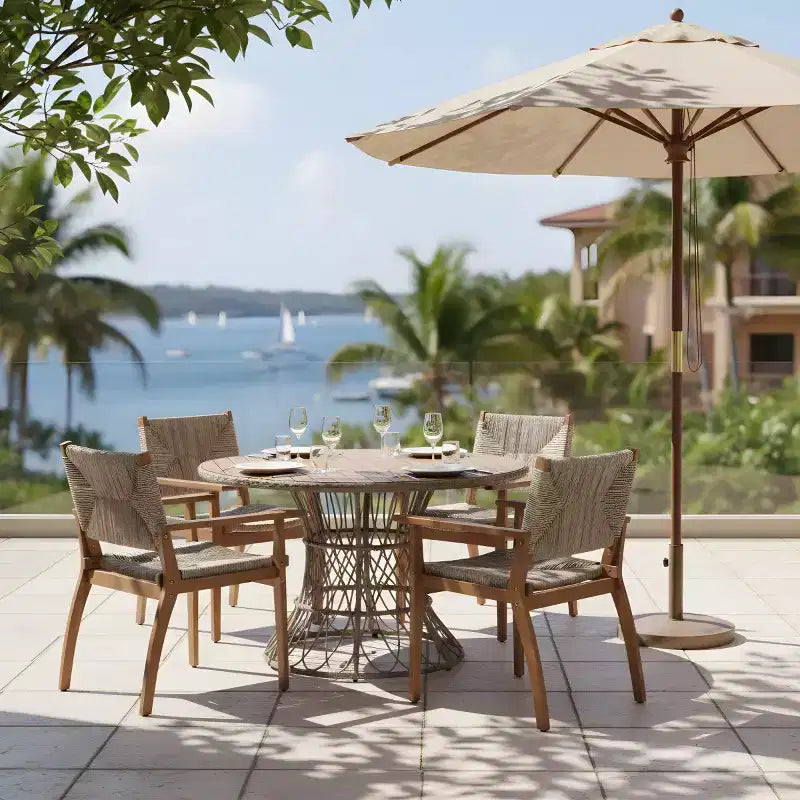 Tavolo da pranzo rotondo da esterno con piano in legno di acacia e base in vimini, tavolo da patio per 4-6 persone, mobili da giardino resistenti alle intemperie - Panipeachy