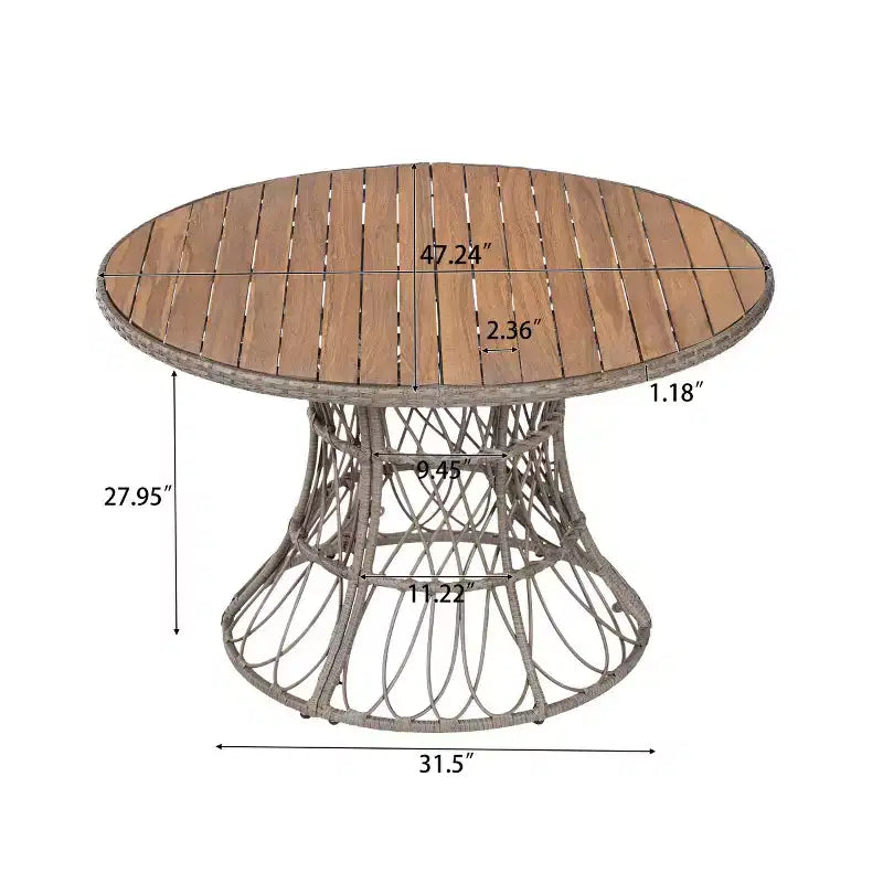 Tavolo da pranzo rotondo da esterno con piano in legno di acacia e base in vimini, tavolo da patio per 4-6 persone, mobili da giardino resistenti alle intemperie - Panipeachy
