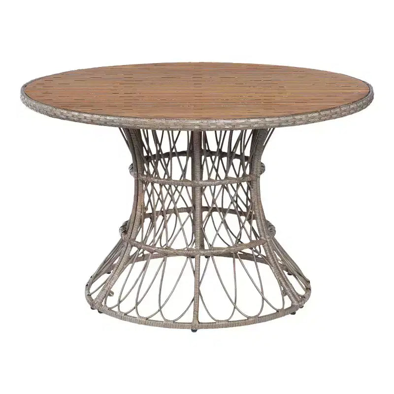 Tavolo da pranzo rotondo da esterno con piano in legno di acacia e base in vimini, tavolo da patio per 4-6 persone, mobili da giardino resistenti alle intemperie - Panipeachy
