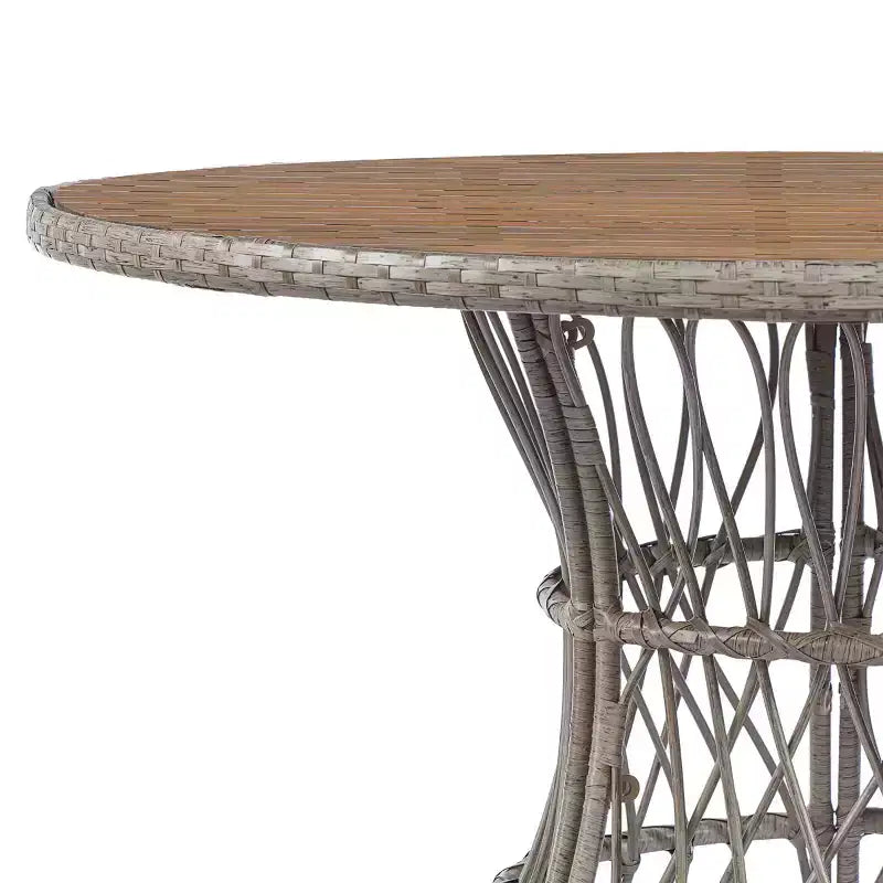 Tavolo da pranzo rotondo da esterno con piano in legno di acacia e base in vimini, tavolo da patio per 4-6 persone, mobili da giardino resistenti alle intemperie - Panipeachy